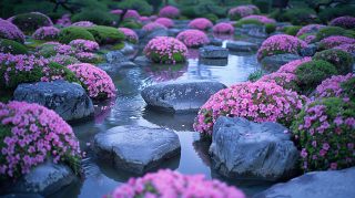 Pink Flowers in Serene Japanese Garden