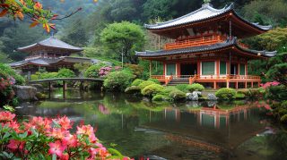 Japanese Garden Adorned with Pink Blooms