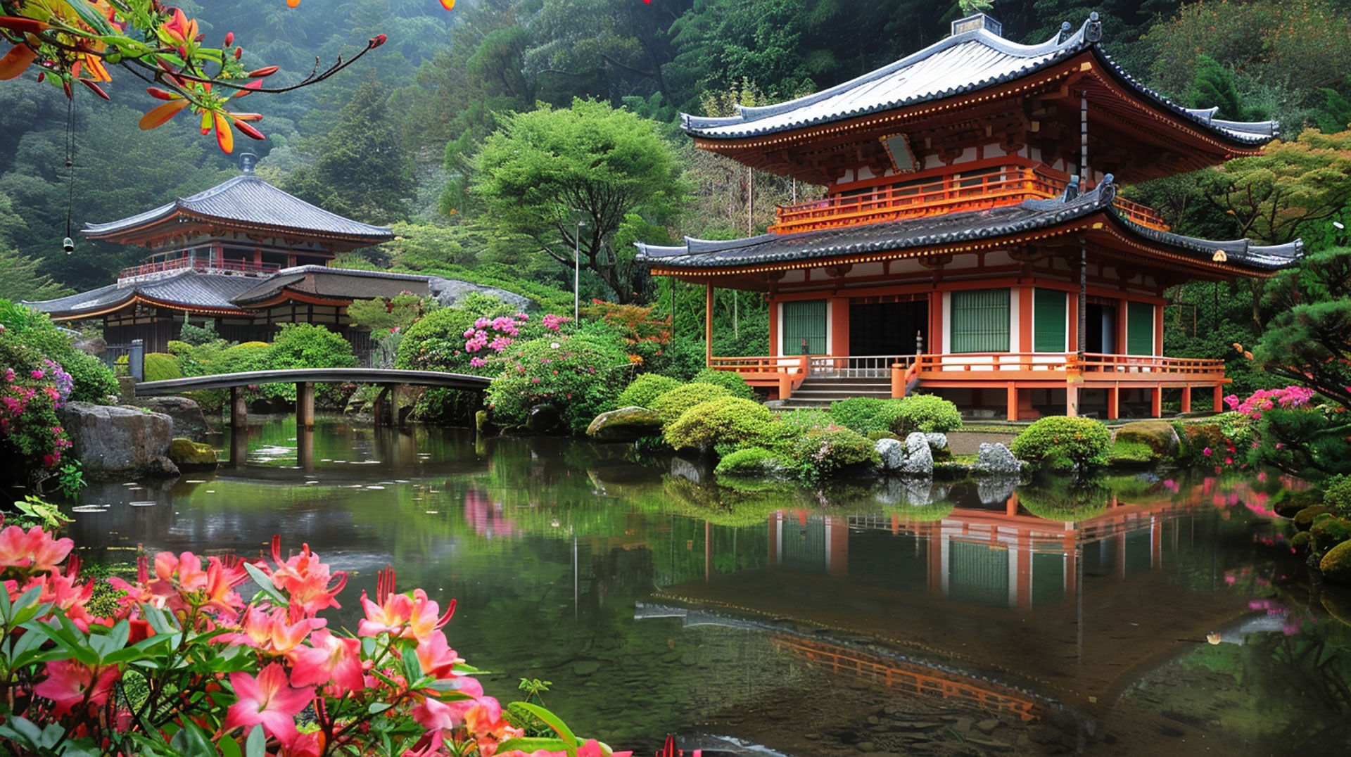 Japanese Garden Adorned with Pink Blooms