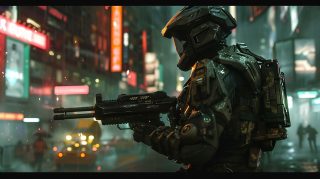 Digital Defender: Futuristic Soldier in New York AI Scene