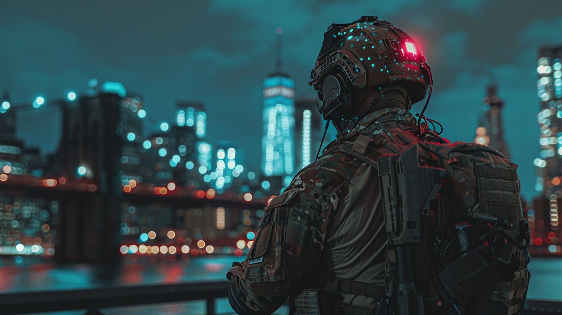 Hi-Tech Vigilance: Soldier in 2100 New York Desktop Background