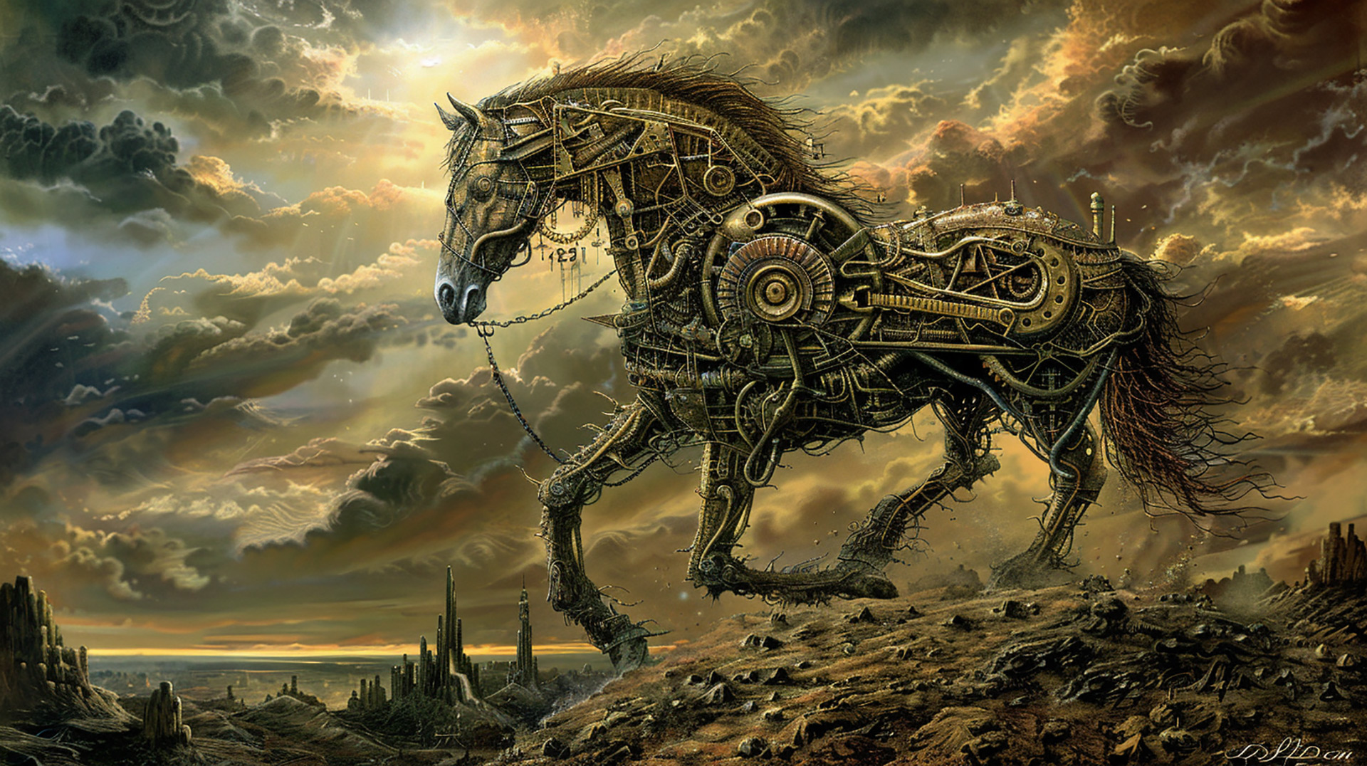 Steampunk Stallion: AI-Designed 1920x1080 Desktop Background