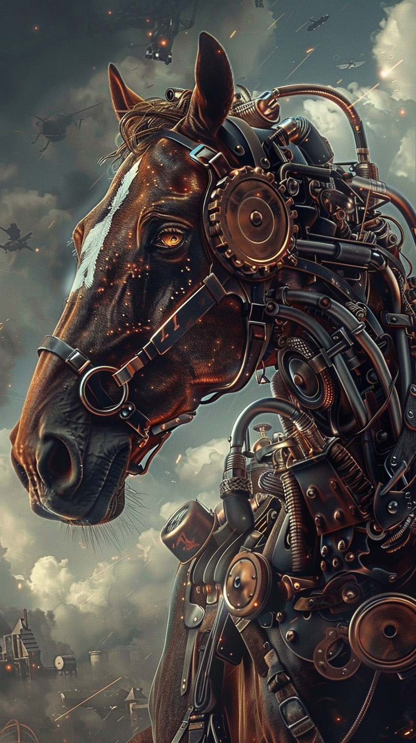 Antique Mechanical Horse: 8K Steampunk AI Desktop Background