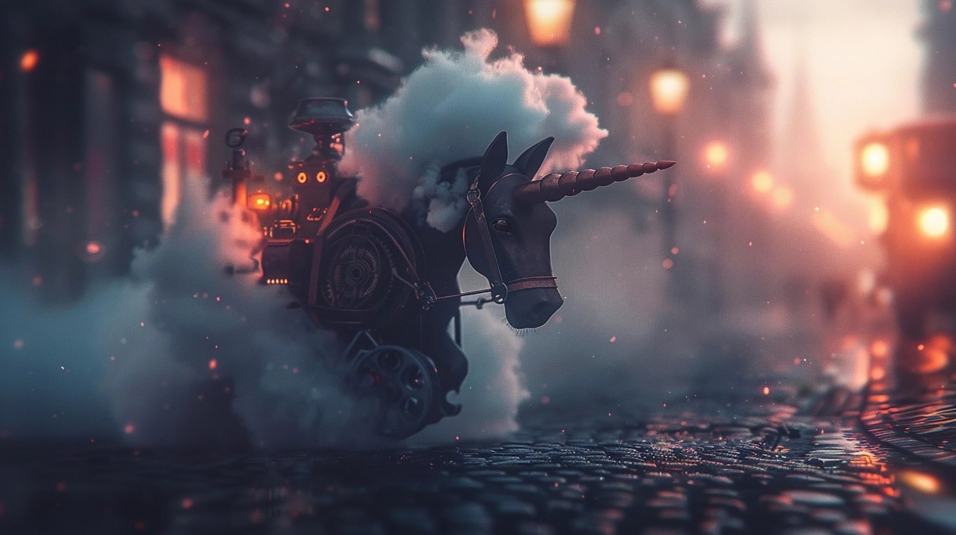 Brass Beauty: HD Wallpaper of Steampunk Unicorn Landscape