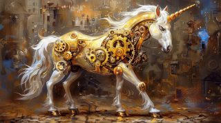 Clockwork Charm: 16:9 Desktop Wallpaper of Steampunk Unicorn