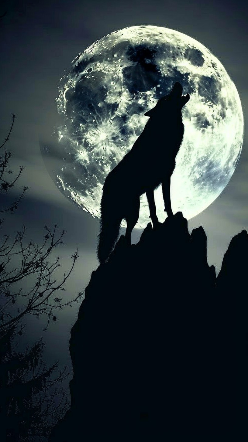 Wolf and Moon with Stars Mobile Wallpaper