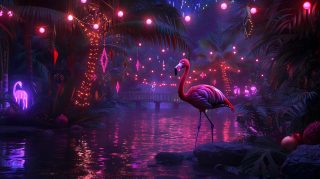 Festive AI Christmas Flamingo Desktop Wallpaper