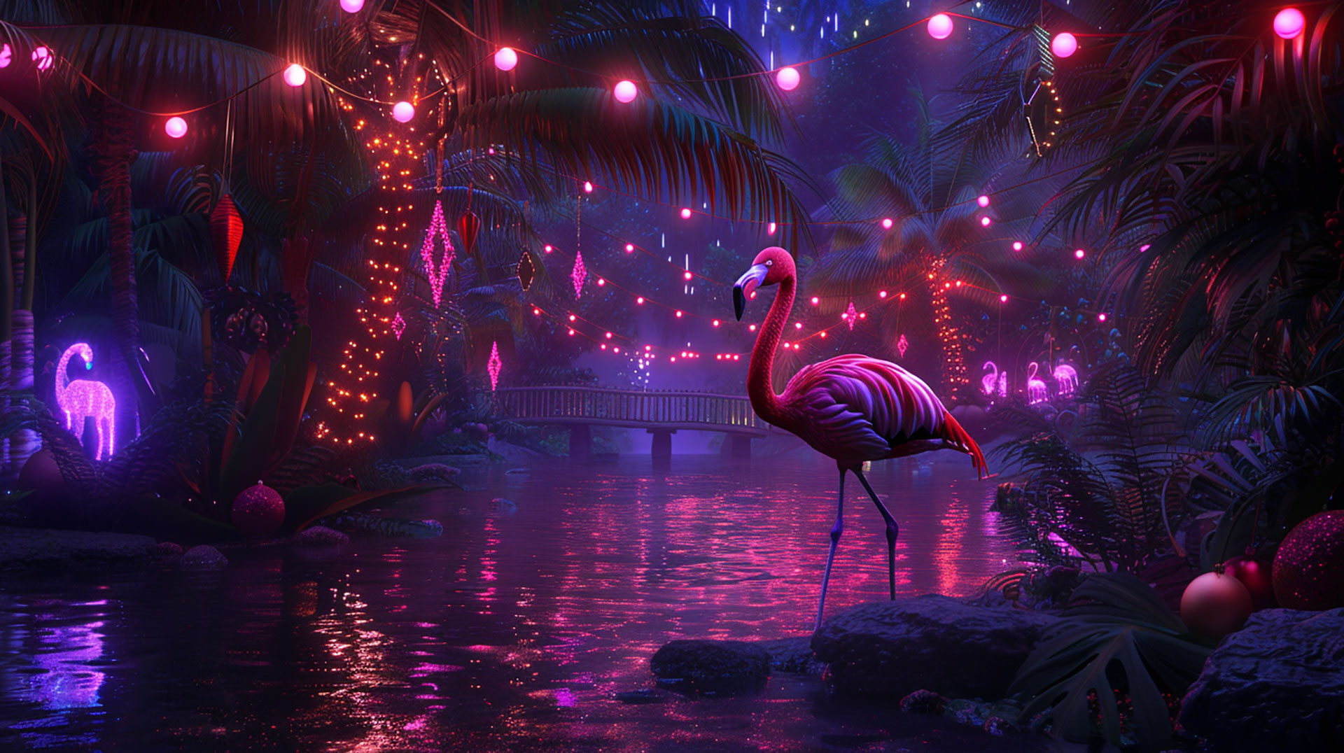 Festive AI Christmas Flamingo Desktop Wallpaper