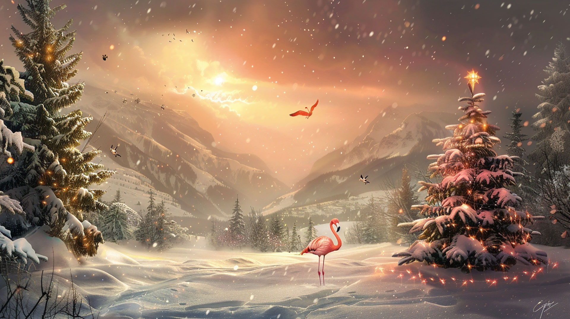 Cheerful AI Christmas Flamingo Desktop Images