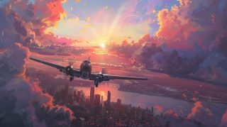 AI-Enhanced Airplane Sunset Desktop Background Photos