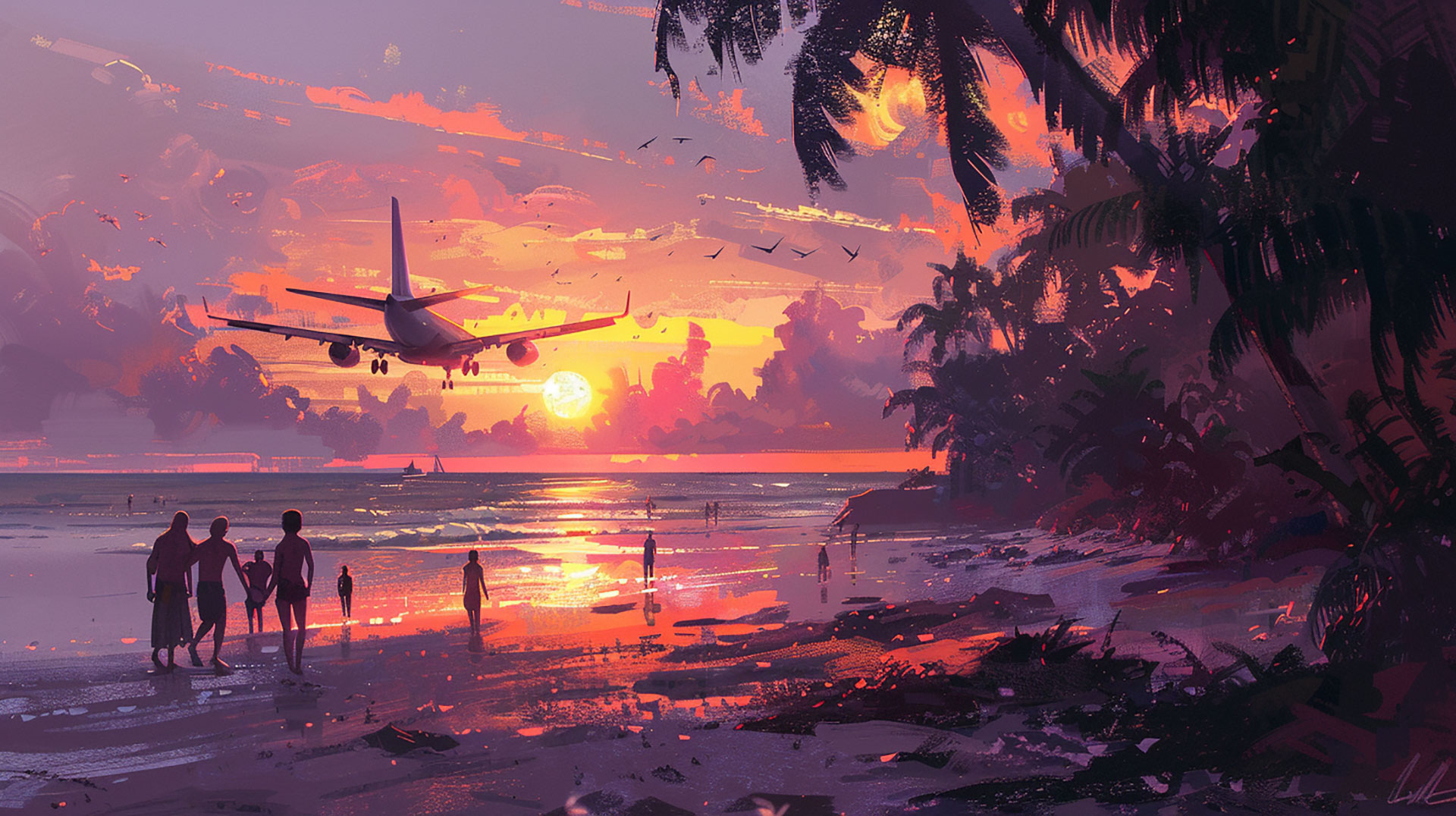 High-Resolution AI Airplane Sunset Wallpaper 1920x1080