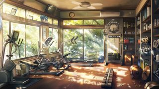 Dynamic Workout Scene: Anime Gym Desktop Wallpaper