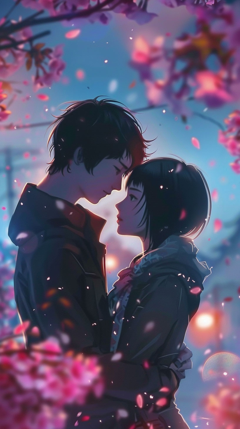 Sweet anime couple lock screen wallpaper with moonlight