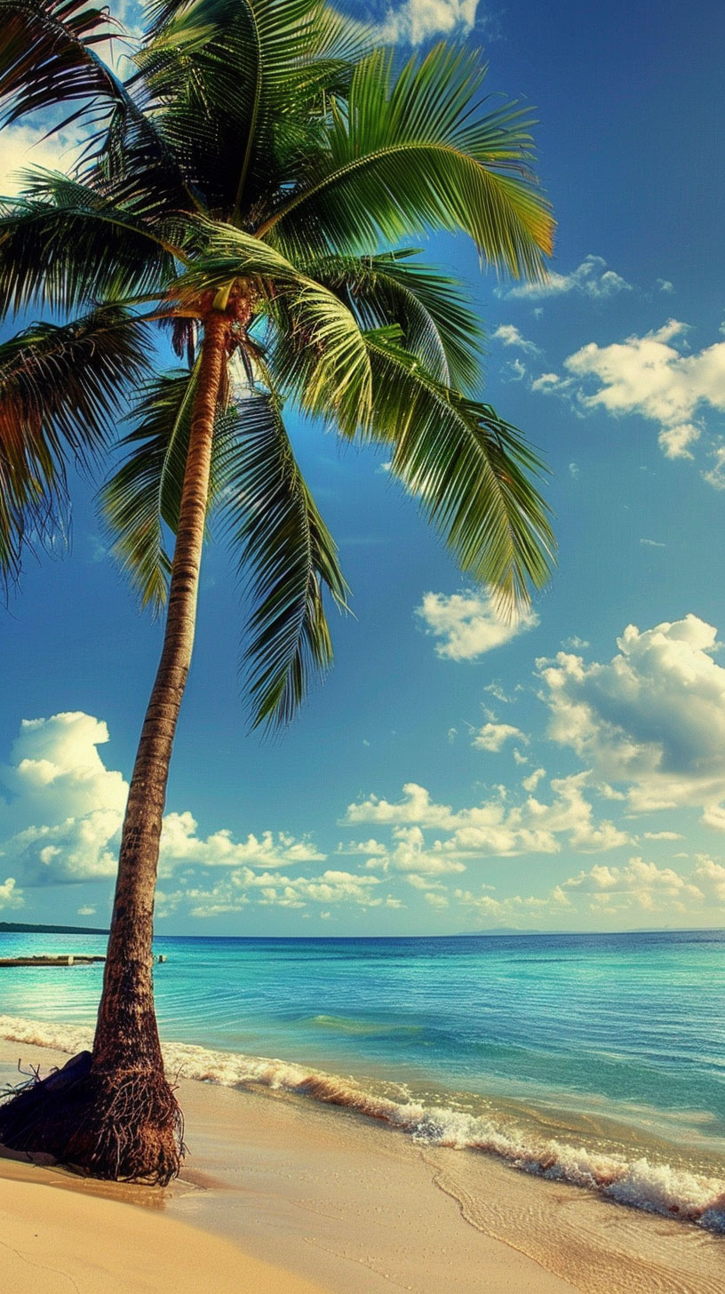 Sandy Shoreline Palm Tree AI Wallpaper