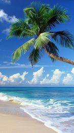 Oceanfront Palm Tree Escape AI Wallpaper