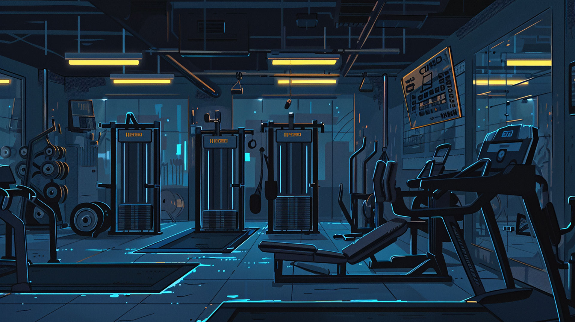 Animated Workout Scene: Cartoon Gym Desktop Wallpaper