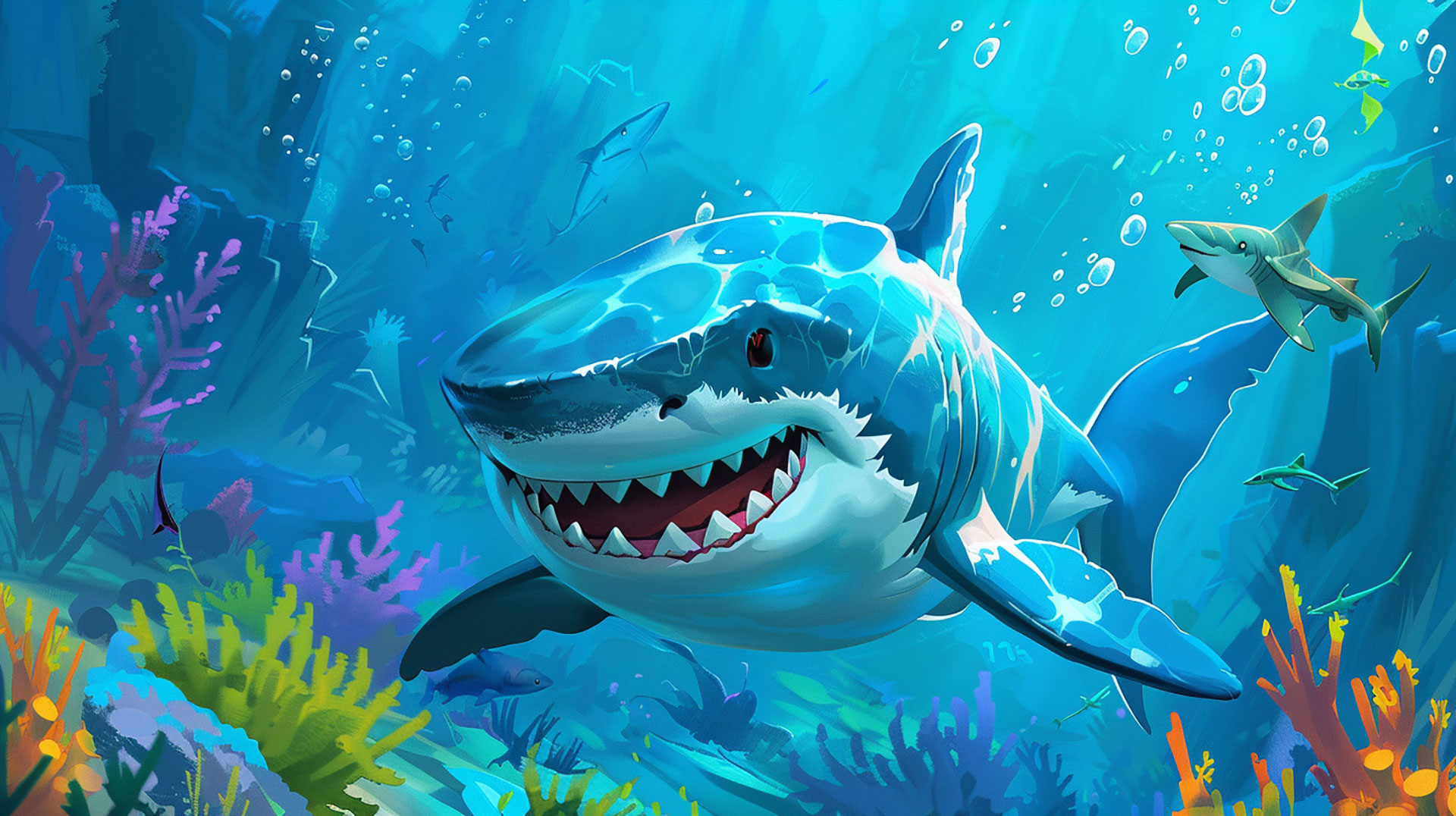 Colorful Cartoon Shark Digital Wallpaper