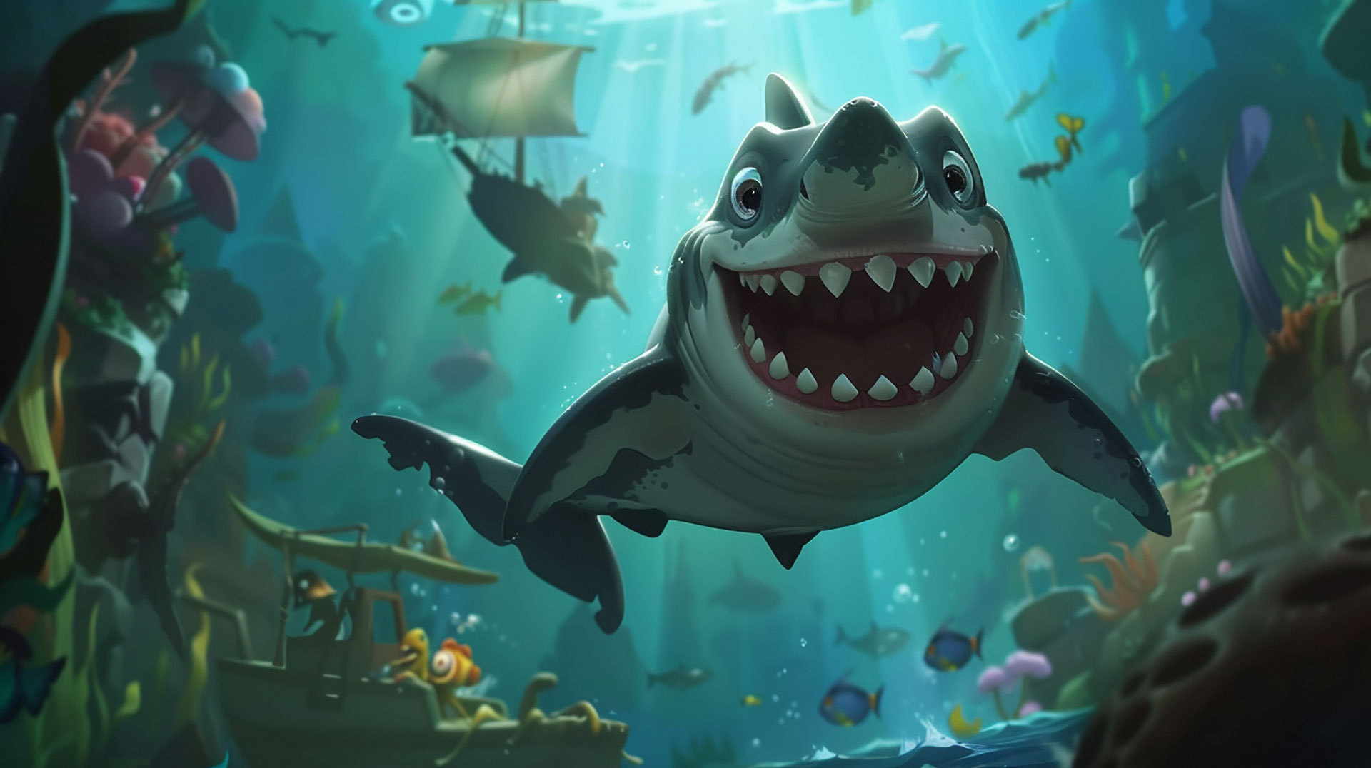 Vibrant Marine Life: Cartoon Shark AI Wallpaper