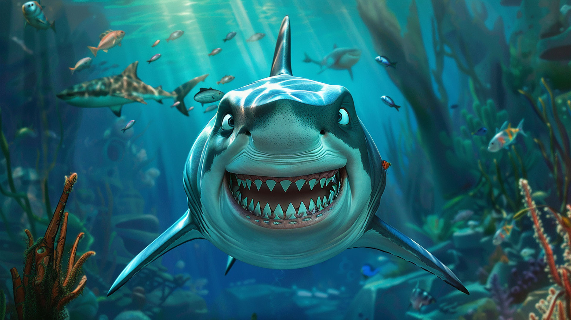 Tropical Underwater Paradise: Cartoon Shark Desktop Background