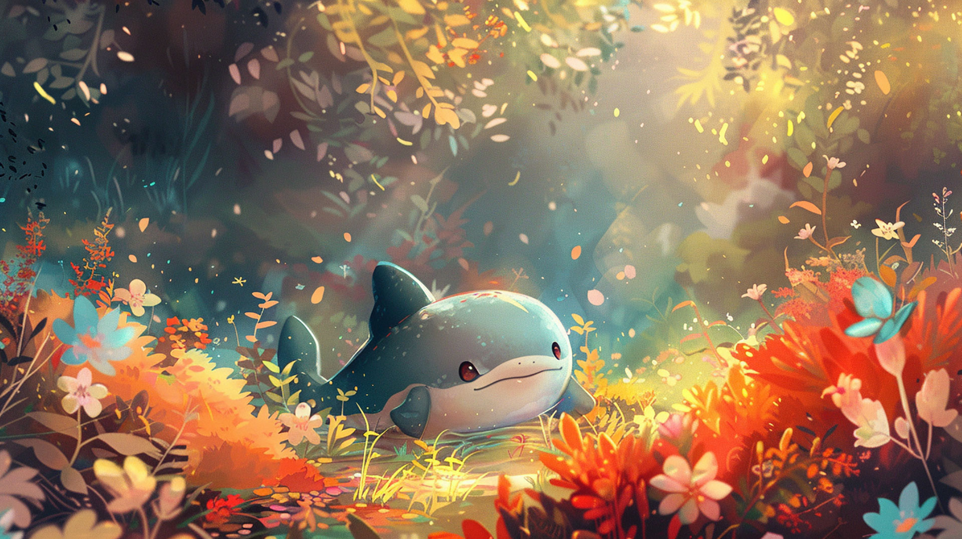 Enchanting Underwater World: Cute Shark Digital Wallpaper