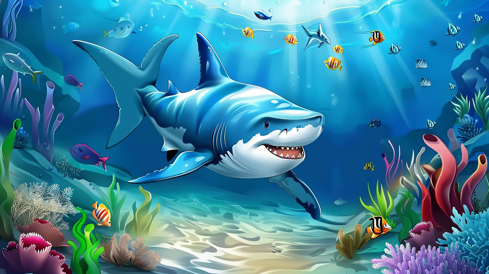 Smiling Sharks: Cute AI Desktop Background