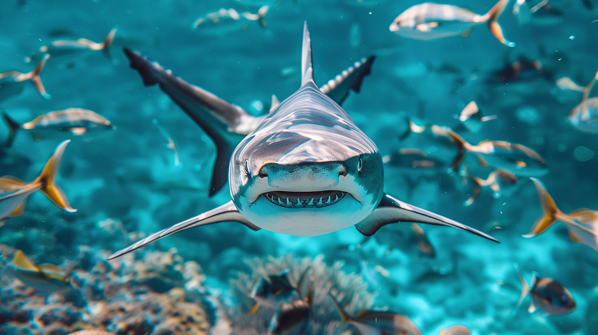 Cheerful Marine Life: Cute Shark AI Wallpaper