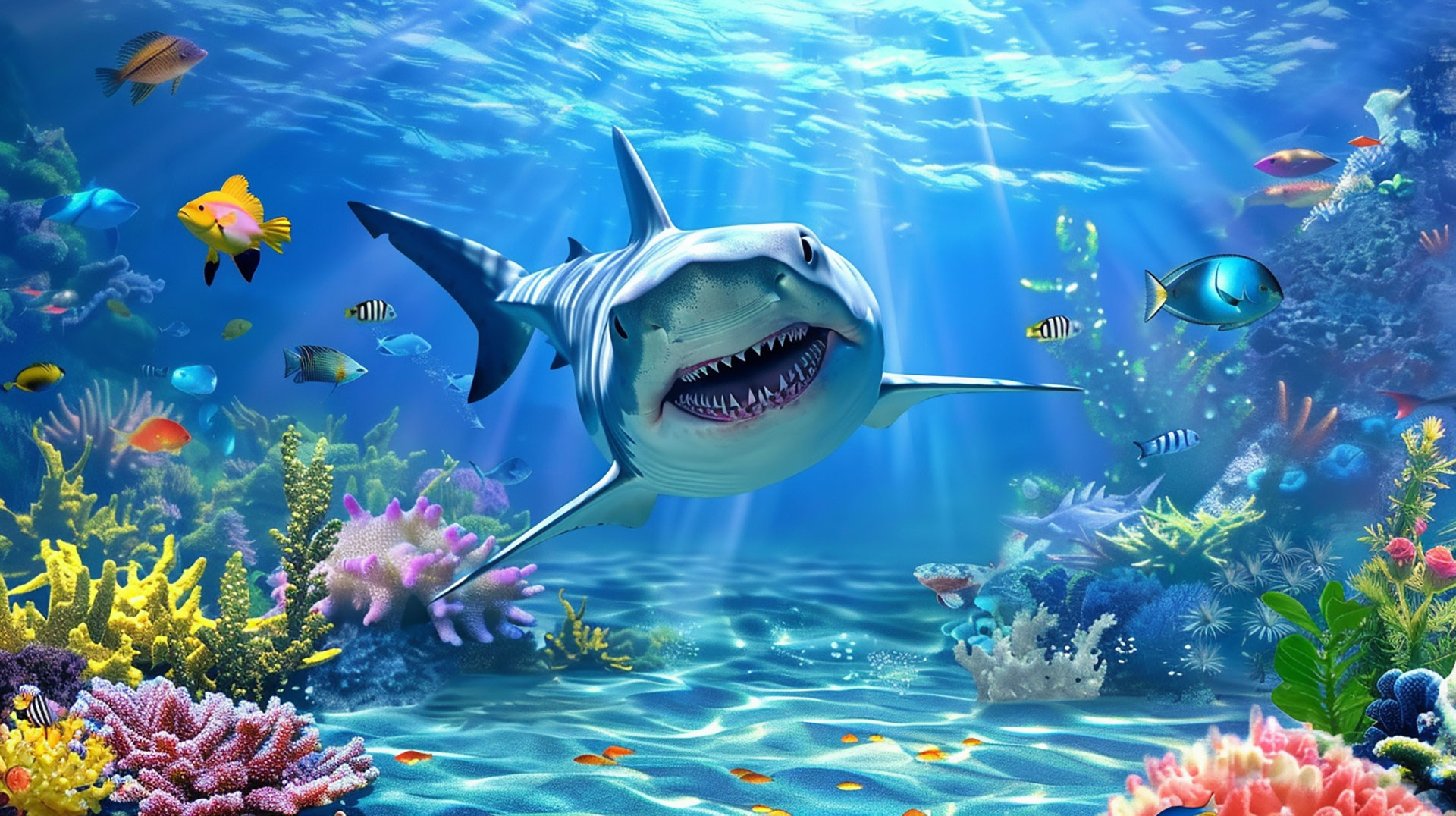 Whimsical Ocean Adventure: Cute Shark Desktop Background