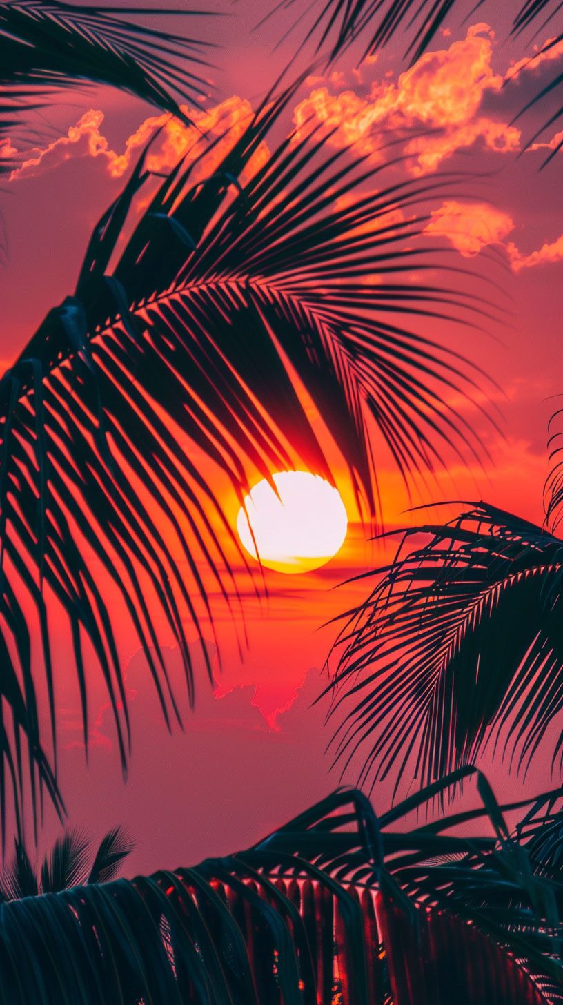 Coastal Sunset Palm Tree AI Wallpaper