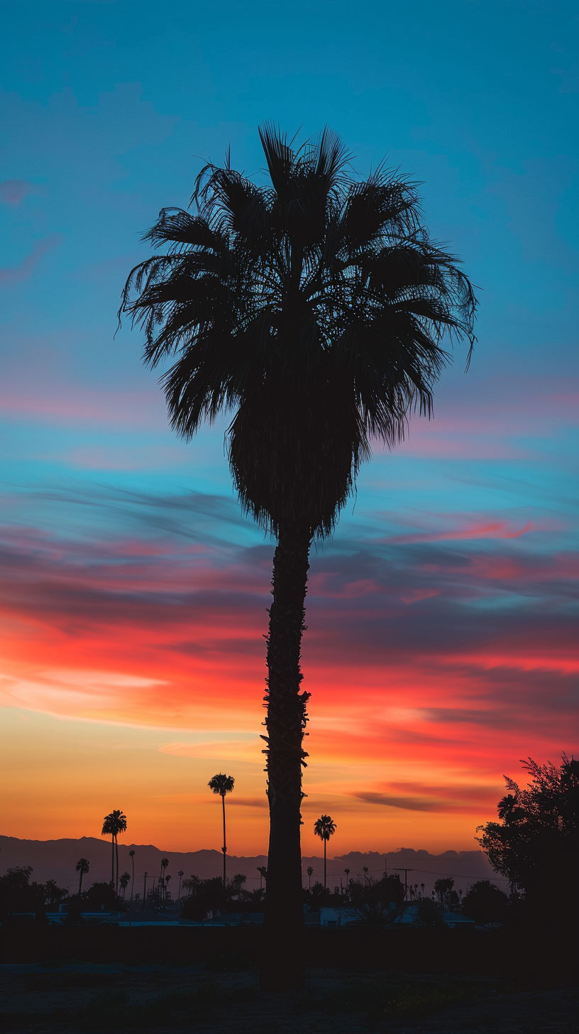 Sundown Tranquility: Palm Tree AI Wallpaper