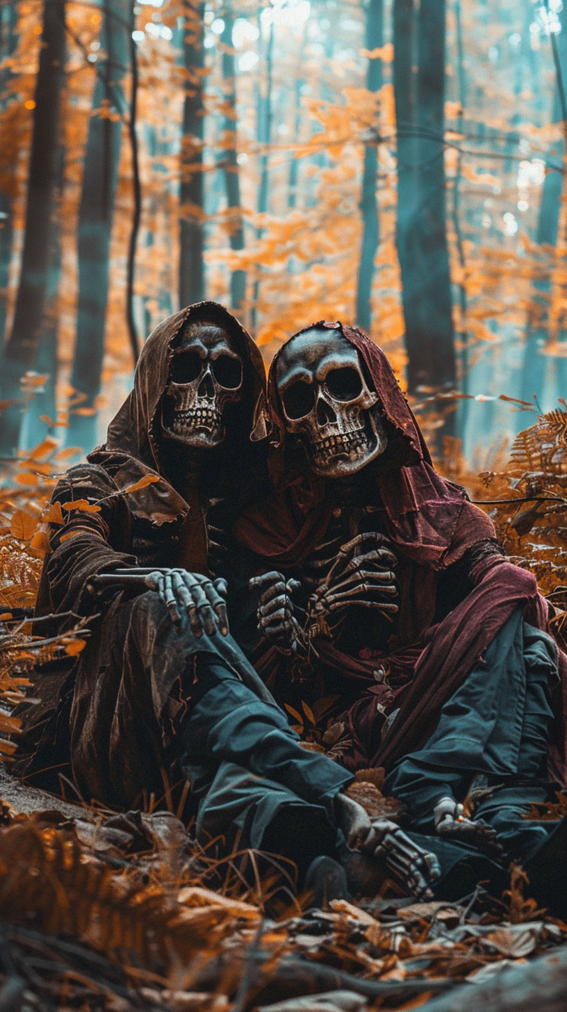 Cute Skeleton Couple Phone Wallpaper: Halloween Theme