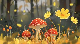 Cute Cartoon Mushroom Digital Wallpaper