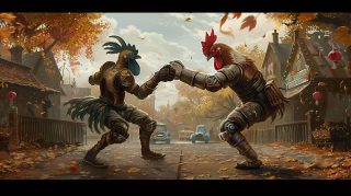 AI-generated robot rooster combat wallpaper