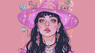 Playful Witchy Hat and Broomstick Desktop Wallpaper