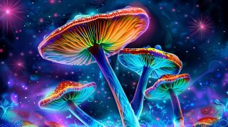 Mysterious dark psychedelic mushroom digital wallpaper for desktops