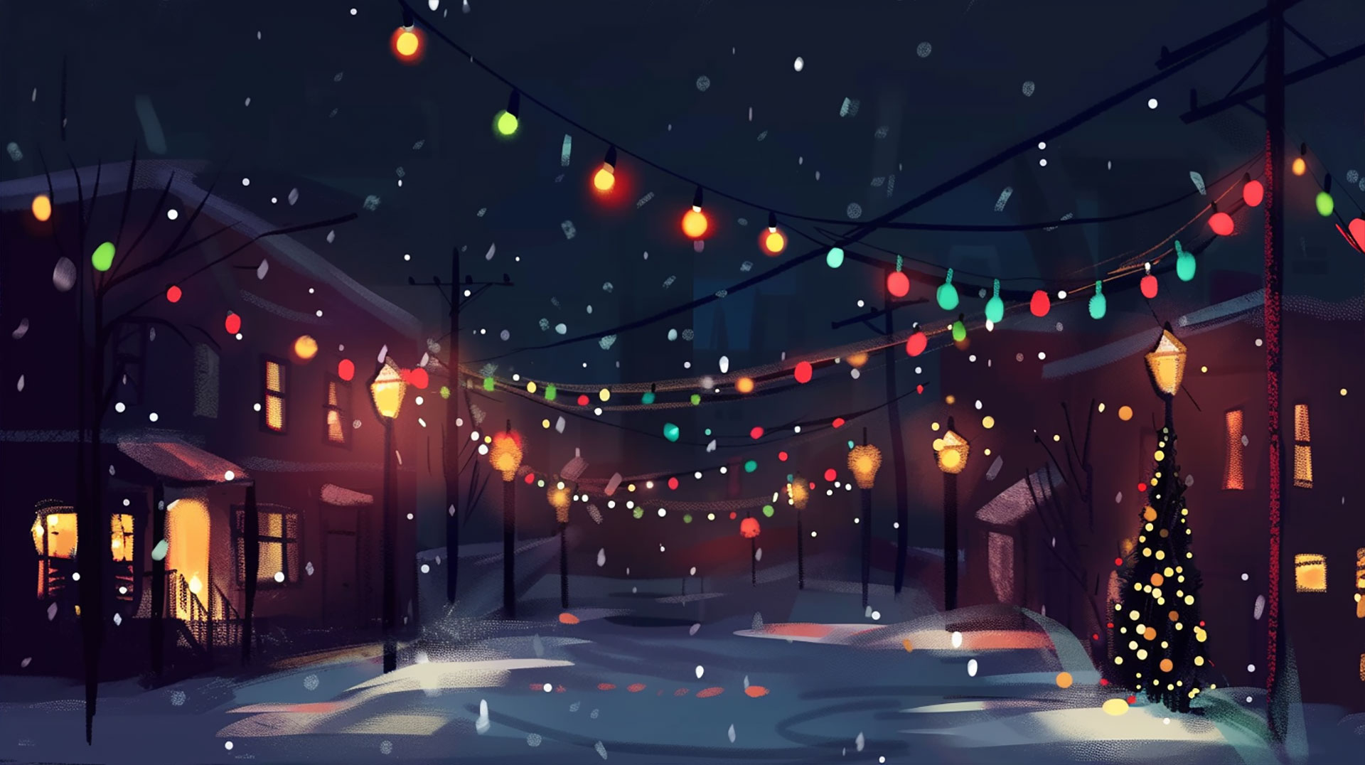 1920x1080 Old Fashioned Christmas Lights Town Cartoon Wallpaper