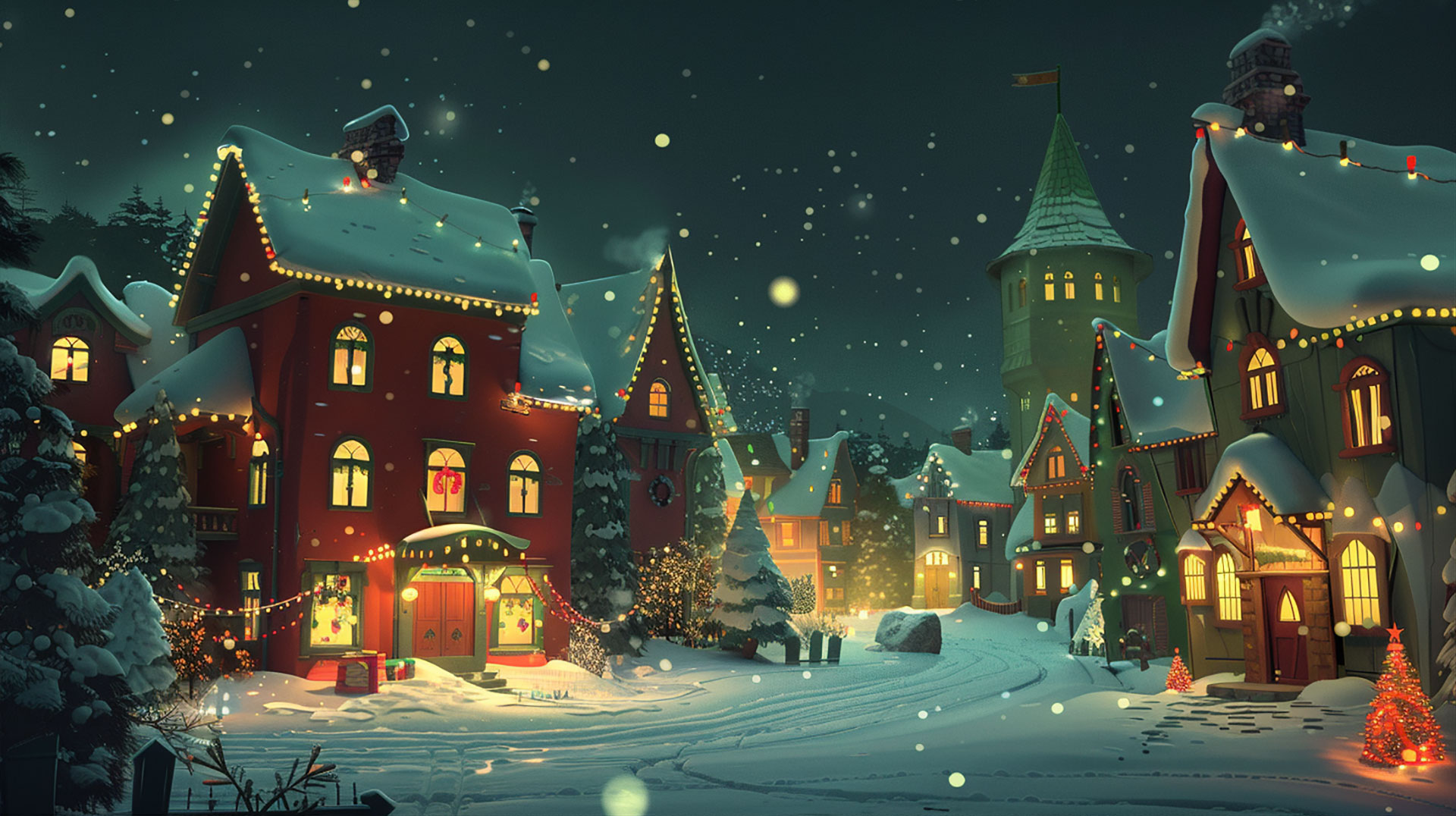 High-Resolution Old Fashioned Christmas Lights Town Cartoon