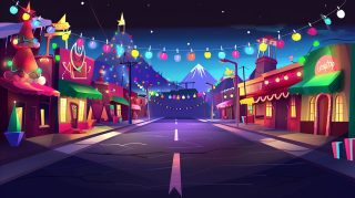 Digital Background: Old Fashioned Christmas Lights Town Cartoon