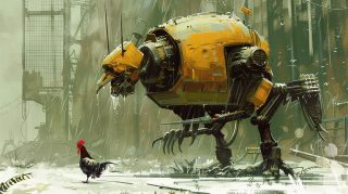 4K robot rooster duel wallpaper