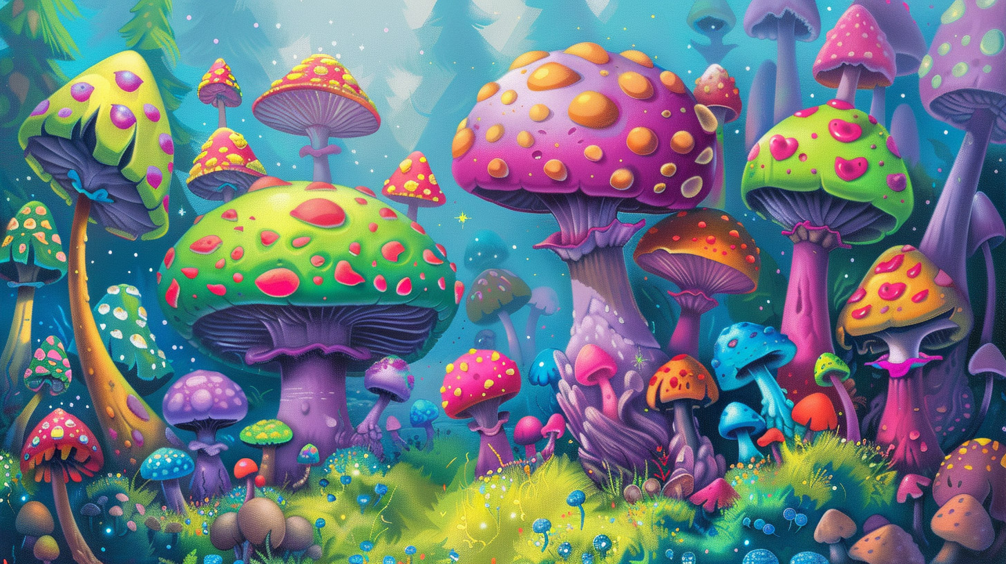 16:9 Trippy Mushroom Photos: Colorful Digital Backgrounds