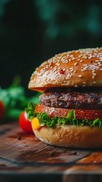 HD Digital Background of Burger on Wooden Surface