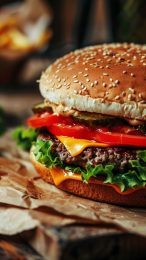 Delicious Wooden Surface Burger Wallpaper Download