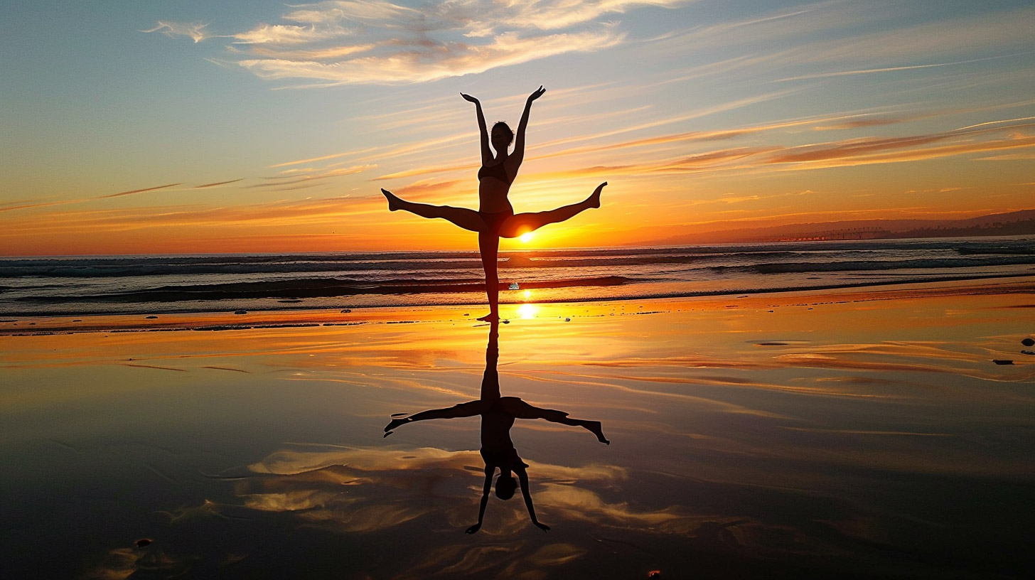 Ultra HD Beach Sunset with Gymnast Silhouette