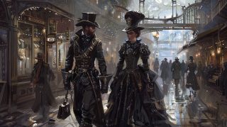 Steampunk Street Costume: Themed Desktop Background in 16:9 Format