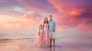 Digital Background: Cool Family at the Beach Sunset