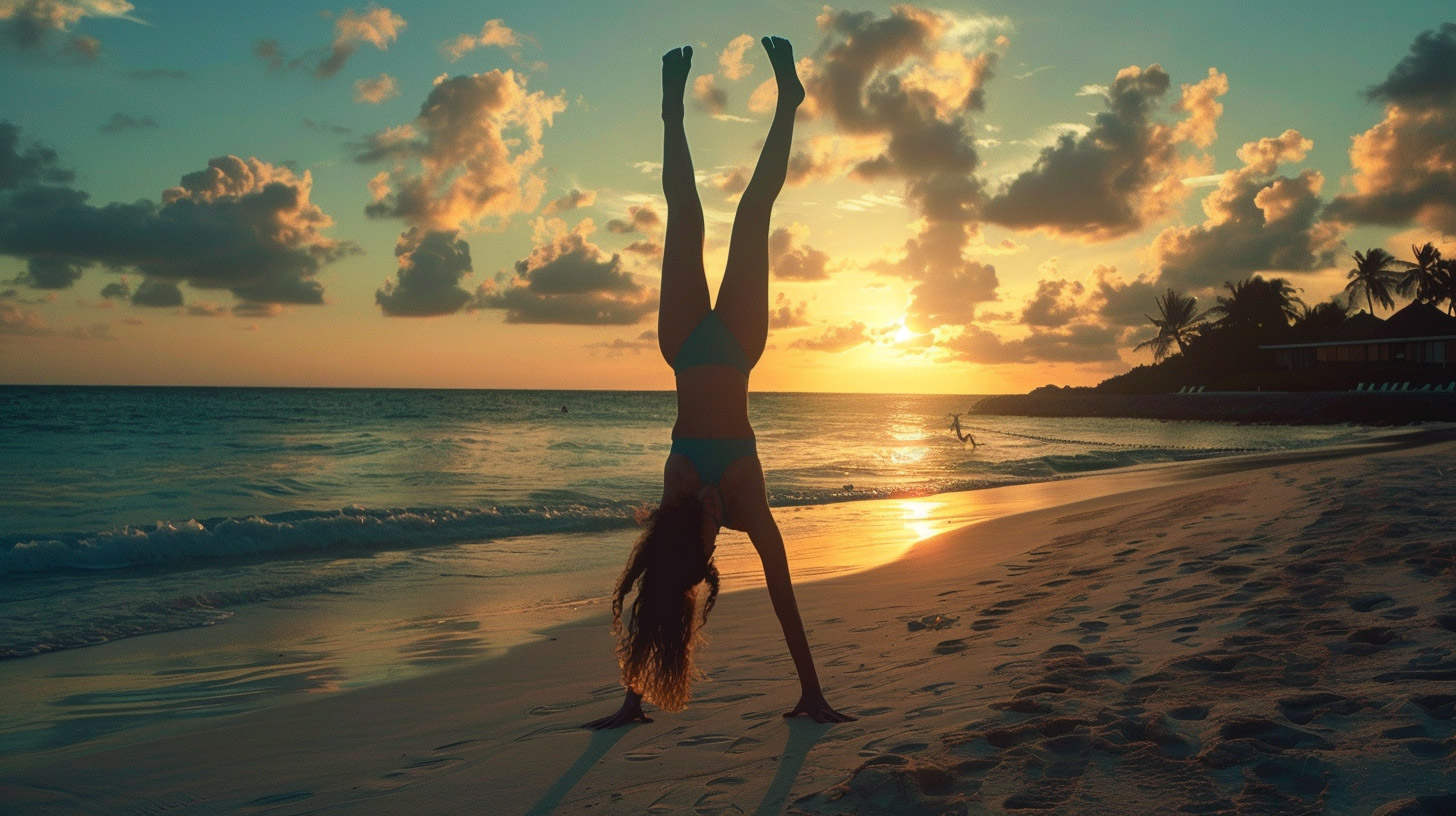 Dynamic Beach Sunset Gymnastics: Stock Photos for Download