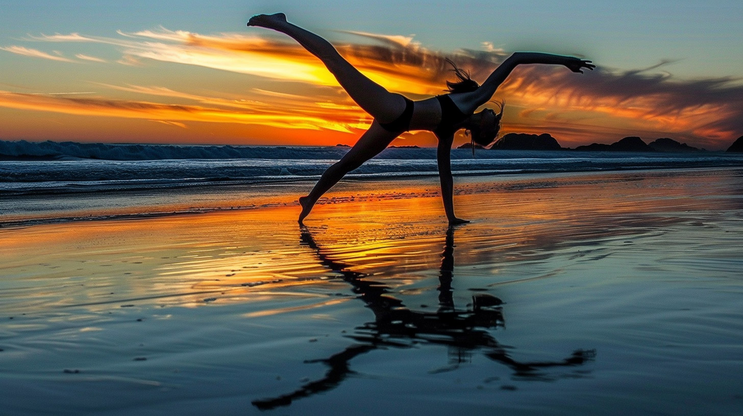 8K Desktop Background: Beach Sunset with Gymnastics Theme