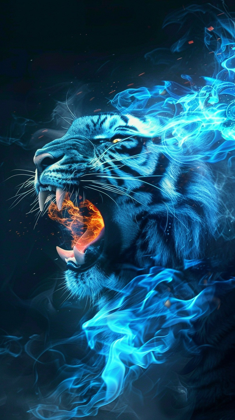 Epic Blue Fire Tiger Digital Background for Your Phone