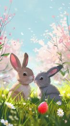 Spring-themed Cartoon Bunny Mobile Wallpaper Download Free