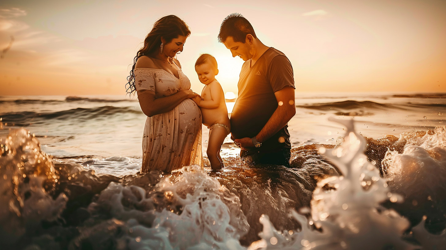 Vibrant Digital Background of Family by the Shore