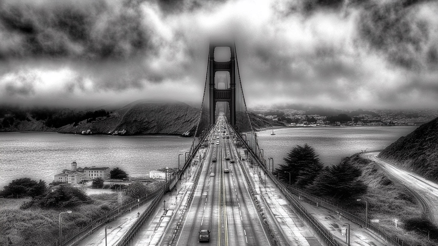 Elegant Black-and-White Golden Gate Bridge Wallpaper for Desktop